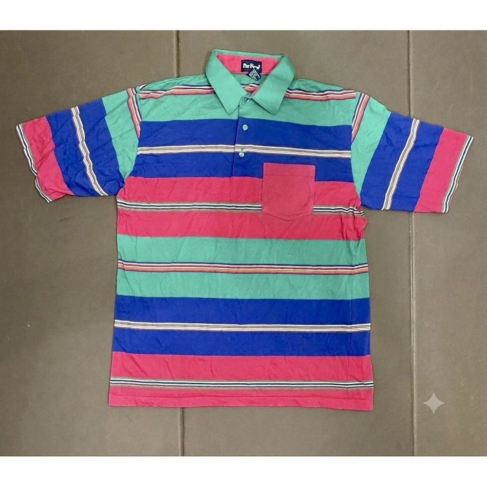 VTG Par Four Stripe Polo Shirt Bright Teal Pink Purple 90s Golf Men's Large
